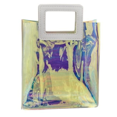 BUSTA PVC IRIDESCENTE CON MANICO PELLE H20X18X8.5